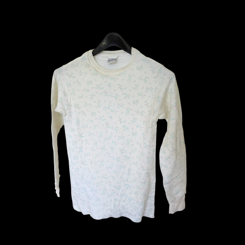 80's Duofold Womens Floral Thermal Long Sleeve Top Cream Ditsy Print Large USA